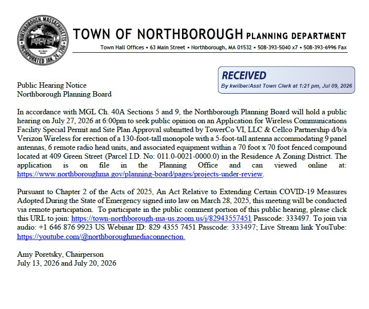 planning board public hearing notice for a july 27, 2026 meeting in Northborough