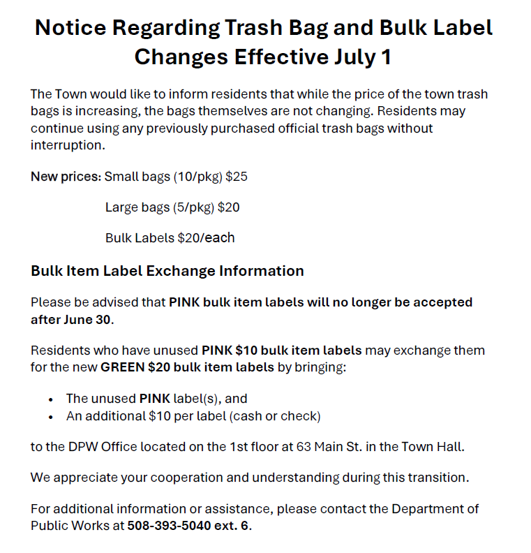 notice regarding trash bag and bulk label changes effective july 1st 2026 flyer